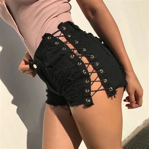 Sexy Summer Women Denim Black Ripped Short Jeans High Waisted Tassel