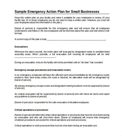 sample emergency action plan templates sample templates