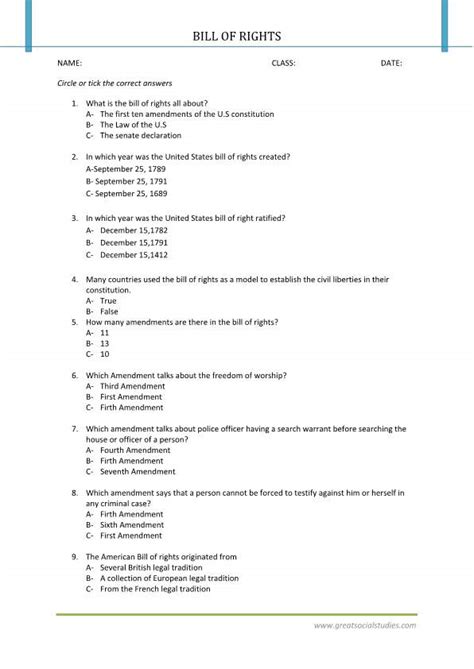 united states bill  rights american history worksheets