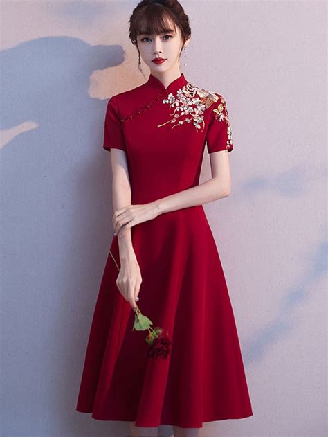 Burgundy Embroidered A Line Qipao Cheongsam Wedding Dress Cozyladywear