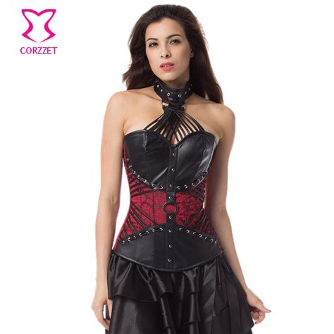 red brocadeandblack leather halter steel boned women gothic corset