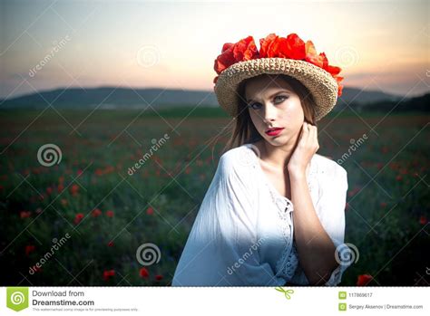 Young Pretty Woman In Poppy Fields Stock Image Image Of Outdoor