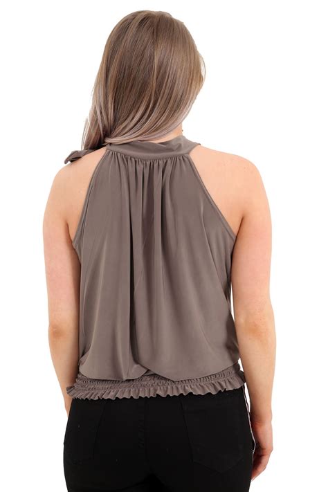 new ladies womens plain pleated sleeveless sexy top ruched halter neck