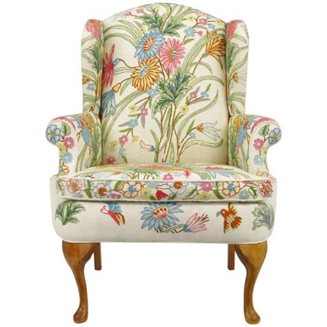 wool crewel upholstered wing chair  colorful floral  stdibs