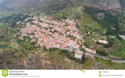 aerial view  modern delphi town  archaeological site  ancient delphi stock image