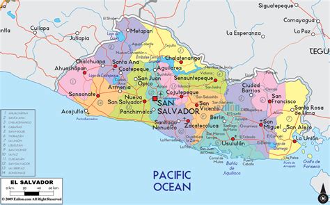 large political and administrative map of el salvador with roads