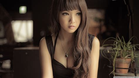 wallpaper long hair black dress brunette asian cleavage lips fashion person skin girl