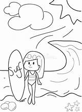 Coloring Beach Girl Surfing Drawn Hand Preview Kids Illustration sketch template