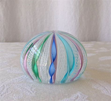 Art Glass Paperweight Pastel Pink Blue White And Green Latticino Ribbon