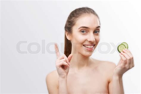Woman Holding Cucumber Stock Image Colourbox