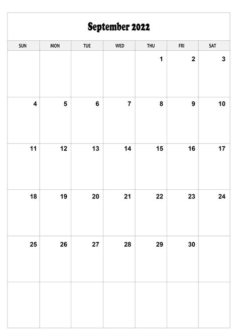 printable september calendar   size template