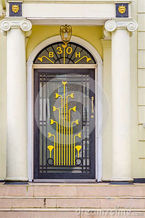 stylish entrance   building  distinctive gold decoratio stock image image  urban