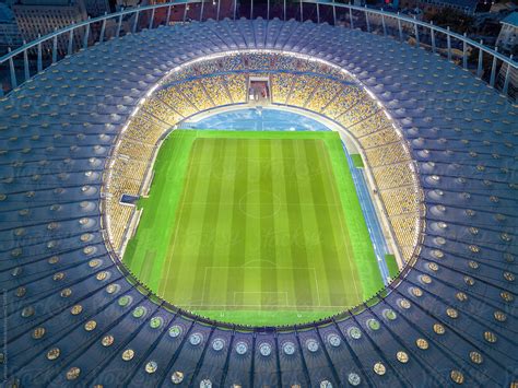 night aerial drone view  stadium structure  stocksy contributor