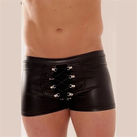 high quality novelty male shorts mens sexy underwear black faux leather