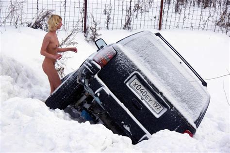 naked blonde caused the accident on the road in the village russian sexy girls