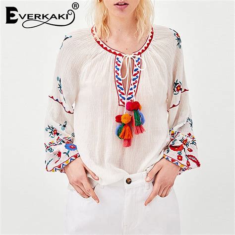 everkaki women boho floral embroidery tassel blouse tops shirts o neck