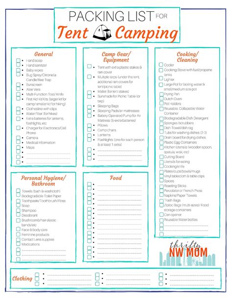 packing list  tent camping  printable camping packing