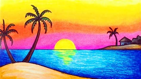 draw simple scenery  kids drawing sunset scenery youtube