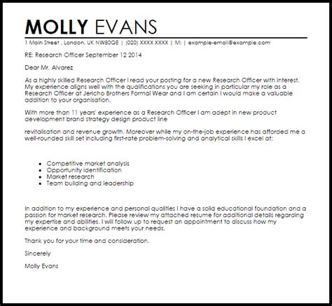 research officer cover letter template  cover letter library