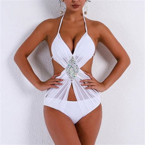 Vikinii 2018 White Sexy Crystal One Piece Swimwear Women Bathing Suit