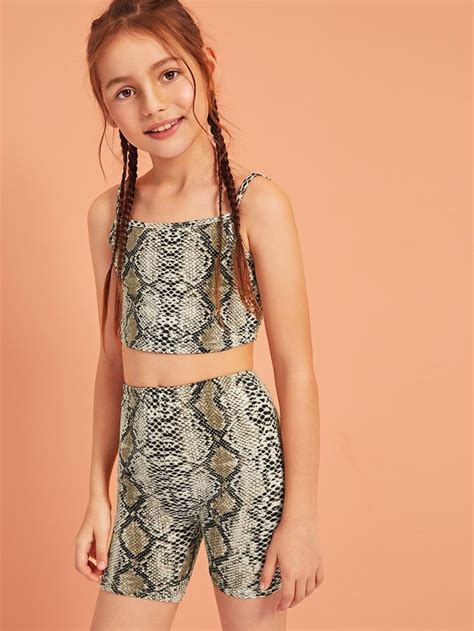 shein girls snake print cami top cycling shorts set cute outfits  kids tween fashion