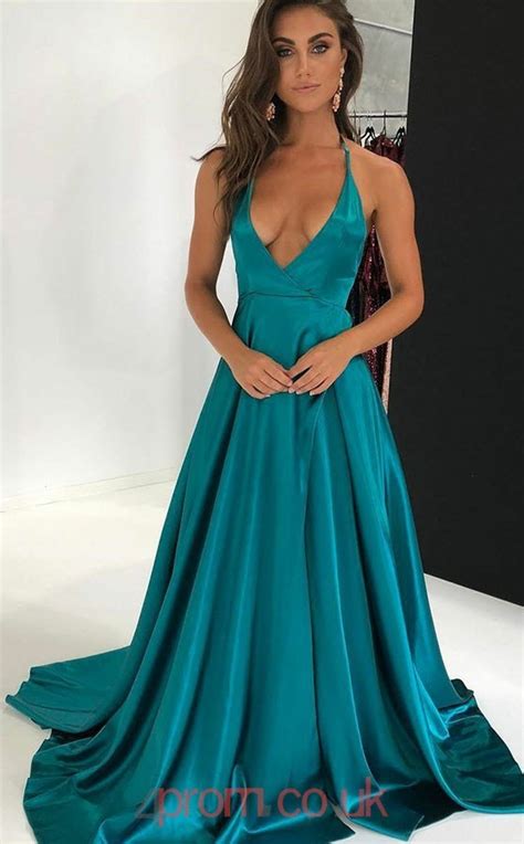 Turquoise Charmeuse V Neck A Line Long Sex Prom Dress Jt3783 Uk