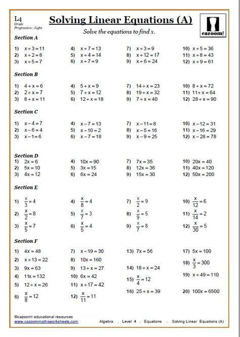 solving equations worksheets cazoom maths worksheets solving linear