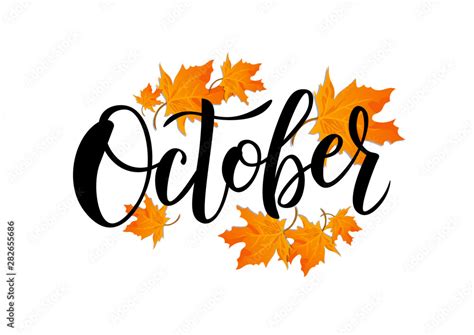october word hand lettering typography  autumn leaves vector