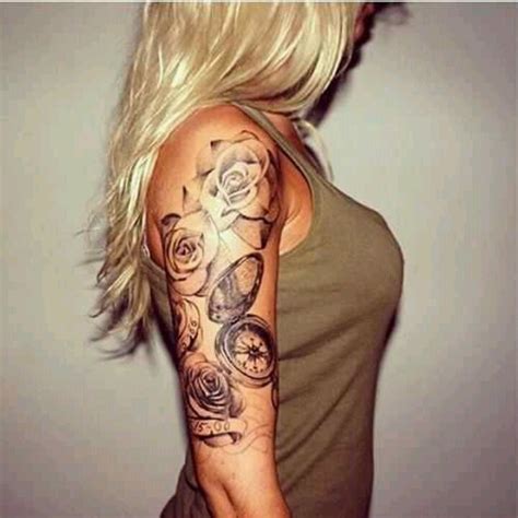 sexy upper arm tattoo with roses and clocks rose shoulder tattoo