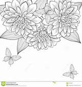 Dahlia Flowers Butterflies Beautiful Frame Drawn Background Flower Hand Tattoo Lines Contour Monochrome Pages Coloring Printable Designs Tattoos Cards Strokes sketch template
