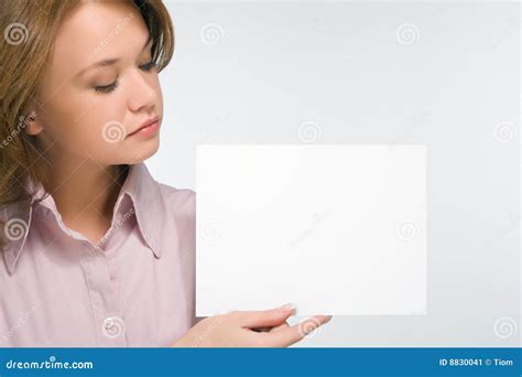 pretty girl holding sheet  paper stock image image  billboard