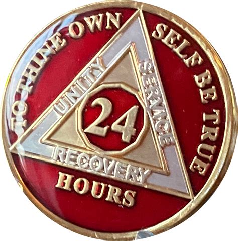 24 Hours Aa Medallion Metallic Red Color Tri Plate Sobriety Chip