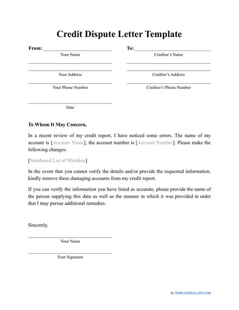 credit dispute letter template printable   rezfoods