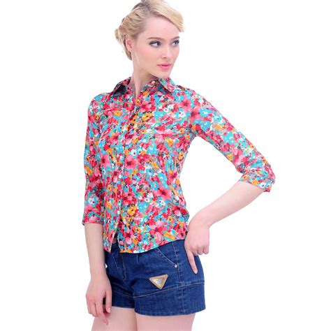 women cotton blouse shirts turn  collar printed floral shirts  quarter sleeve blouses