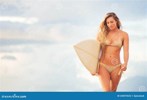Surfer Girl On The Beach At Sunset Stock Image Image Of Dusk Idyllic