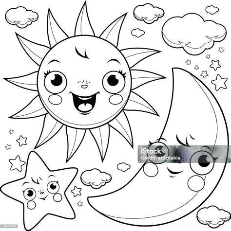 sun moon  stars coloring page stock illustration  image