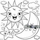 Moon Sun Coloring Stars Color Vector Cartoon Book Illustration Stock Cute Clouds Cheerful sketch template