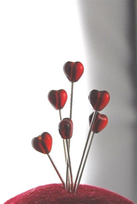 Ruby Red Heart Straight Pins Set Of 6 Medium Long Glass Head Pins