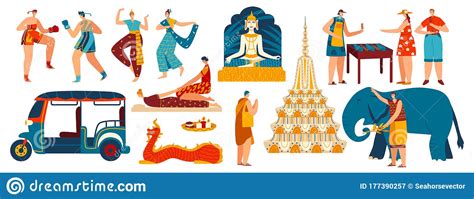 Main Symbols Of Thailand Set Of Isolated Tourist