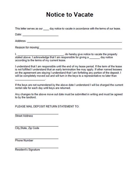 free printable intent to vacate letter template vacate