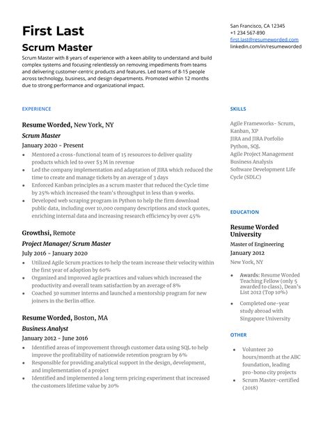 scrum master resume examples   resume worded