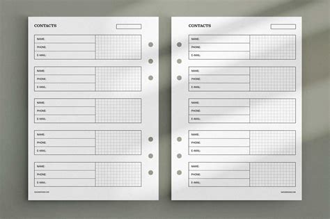 contact list template  printable planner insert