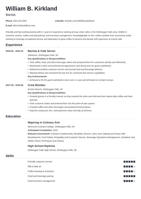resume sample  barista position resume cover letter barista