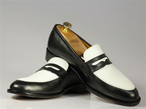 handmade mens black white leather penny loafer dress shoes men