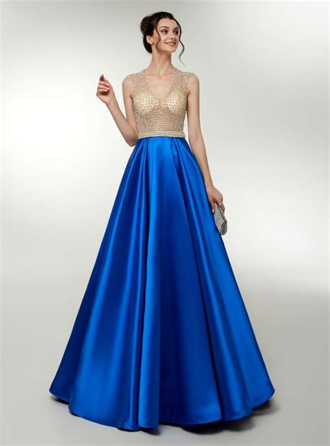 royal blue satin v neck floor length prom dress with beading floor