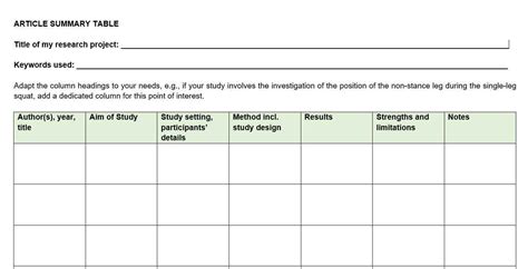 template  literature review table