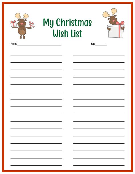 christmas  list template  printable