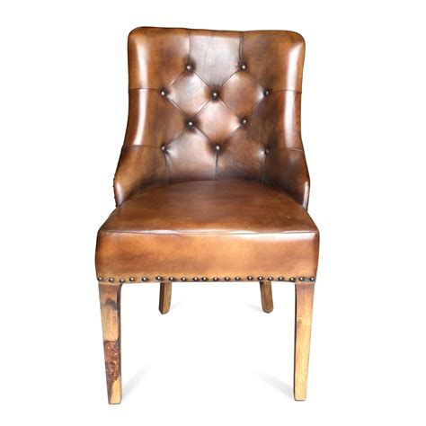 industrial rustic brown leather tufted arm chair dining  lounge