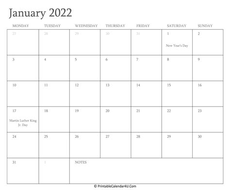 january  calendar printable  holidays