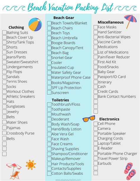 beach vacation packing list  essentials  printable